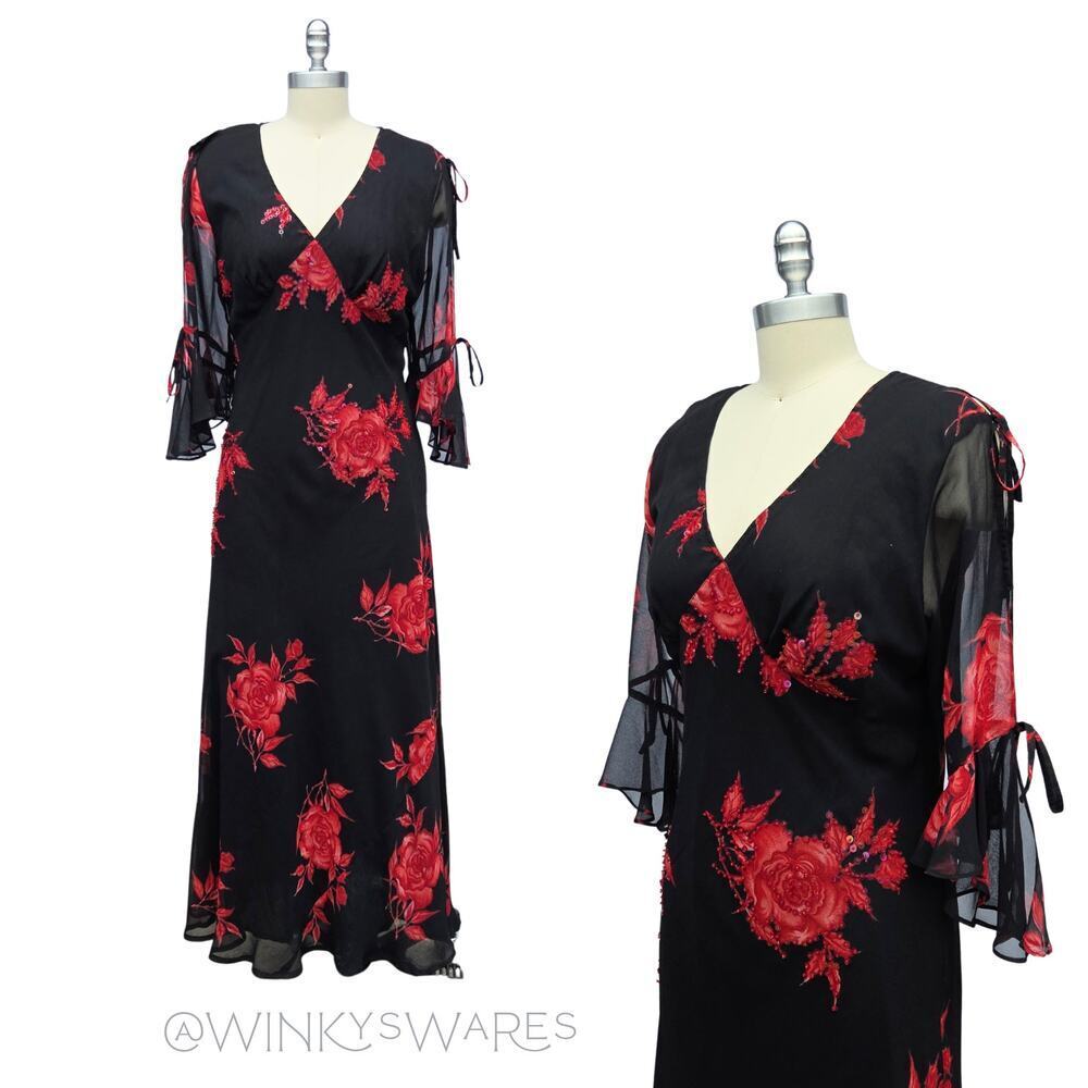 Vintage 90s Y2K Midi Slip Dress Size M Black Red Floral Whimsigoth Gothic Scarf